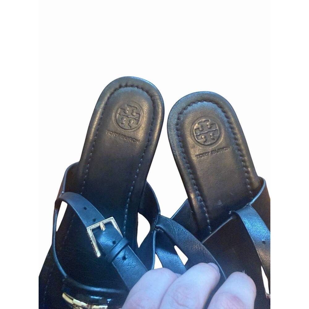 Tory Burch Bryce Logo Black Leather Sandals Flat Thong Flip Flop 9 Womens Summer - Picture 7 of 10
